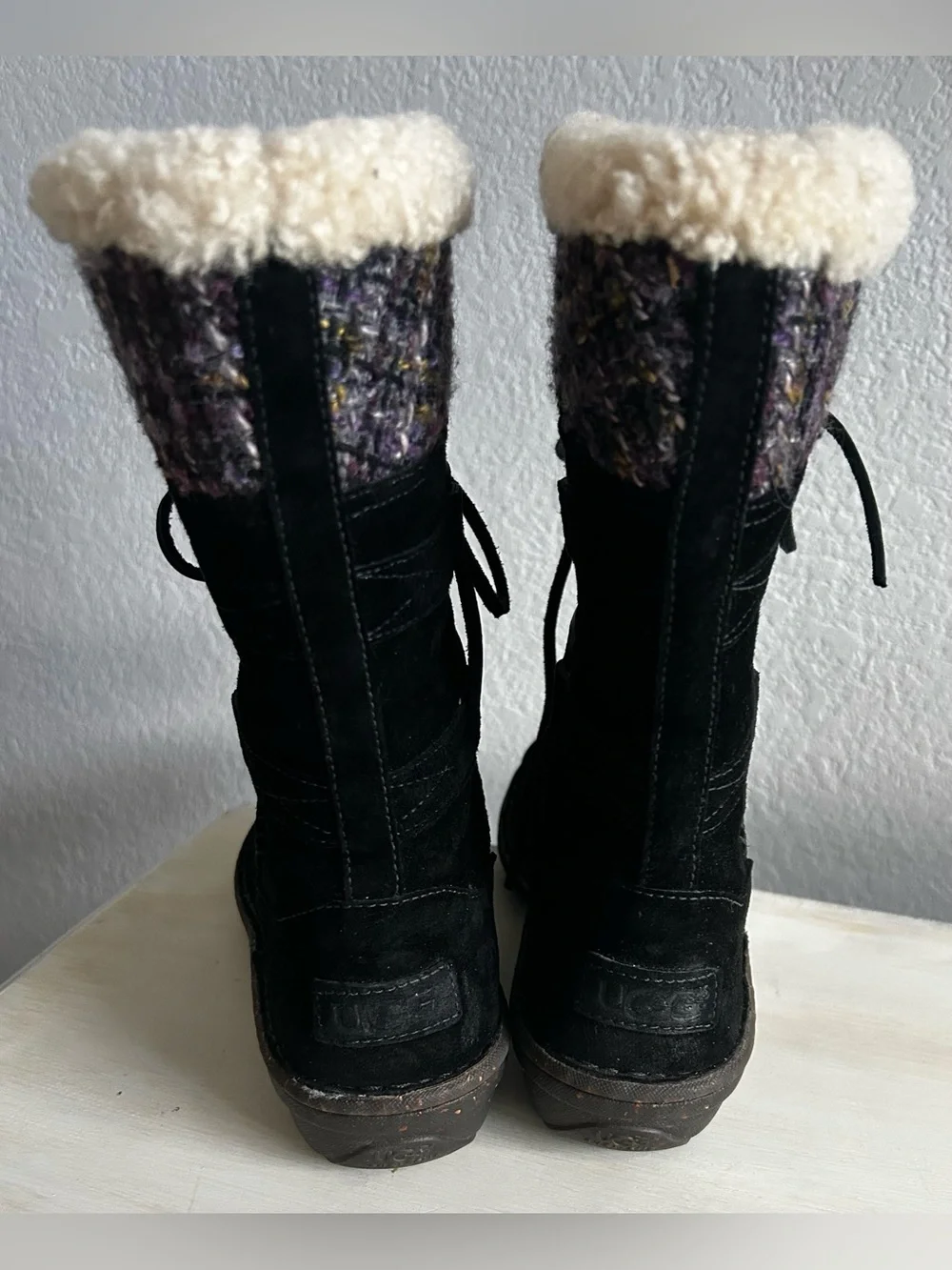 UGG Tanasa Black Suede Lace-Up Shearling Cuff Boots with Tweed Knit, Womens 7.
